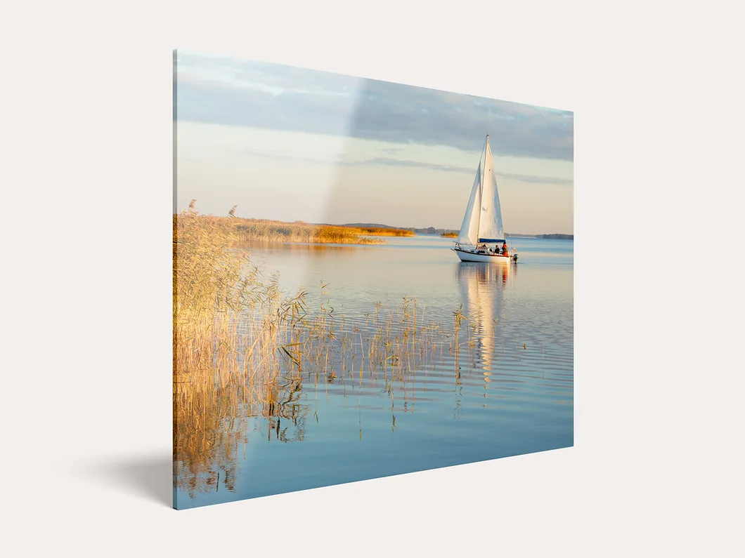 Acrylic photo print of a sailing boat, seen at an angle