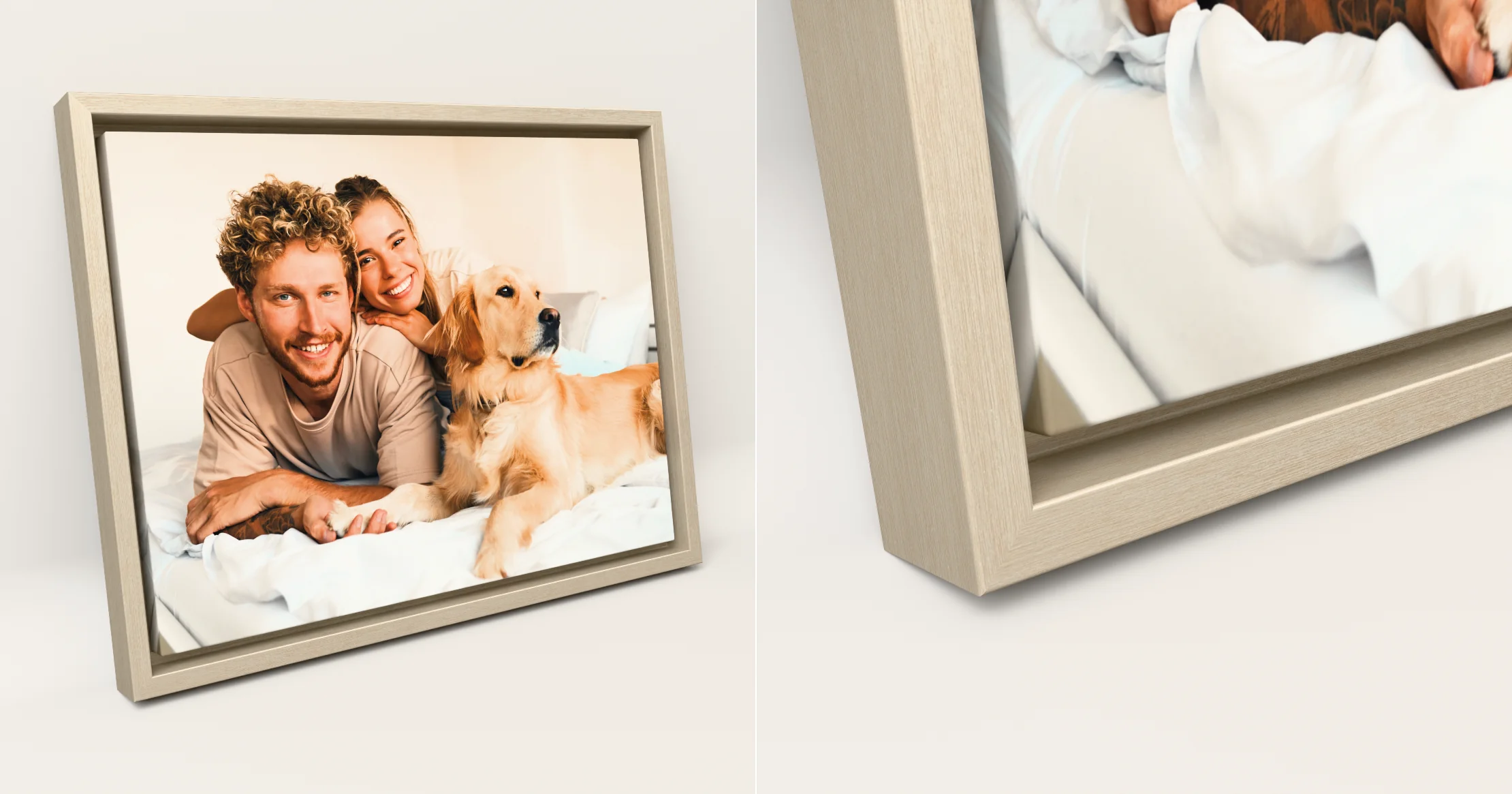 Corner of a framed canvas in a Vintage silver floating frame, with the shadow gap between canvas and frame.