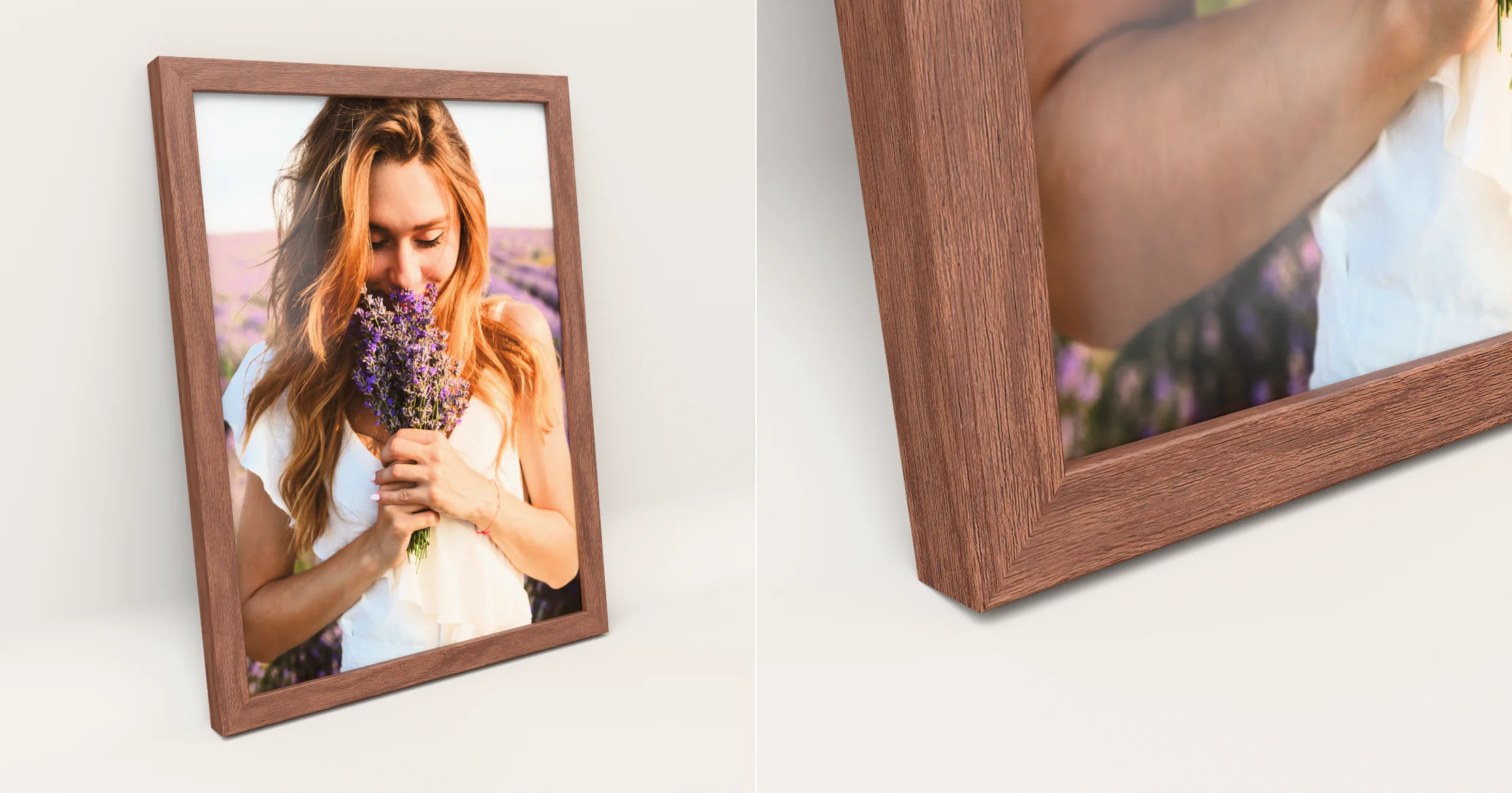 Corner of a framed poster in an Oak vintage flair frame, the print running edge to edge under acrylic glass.