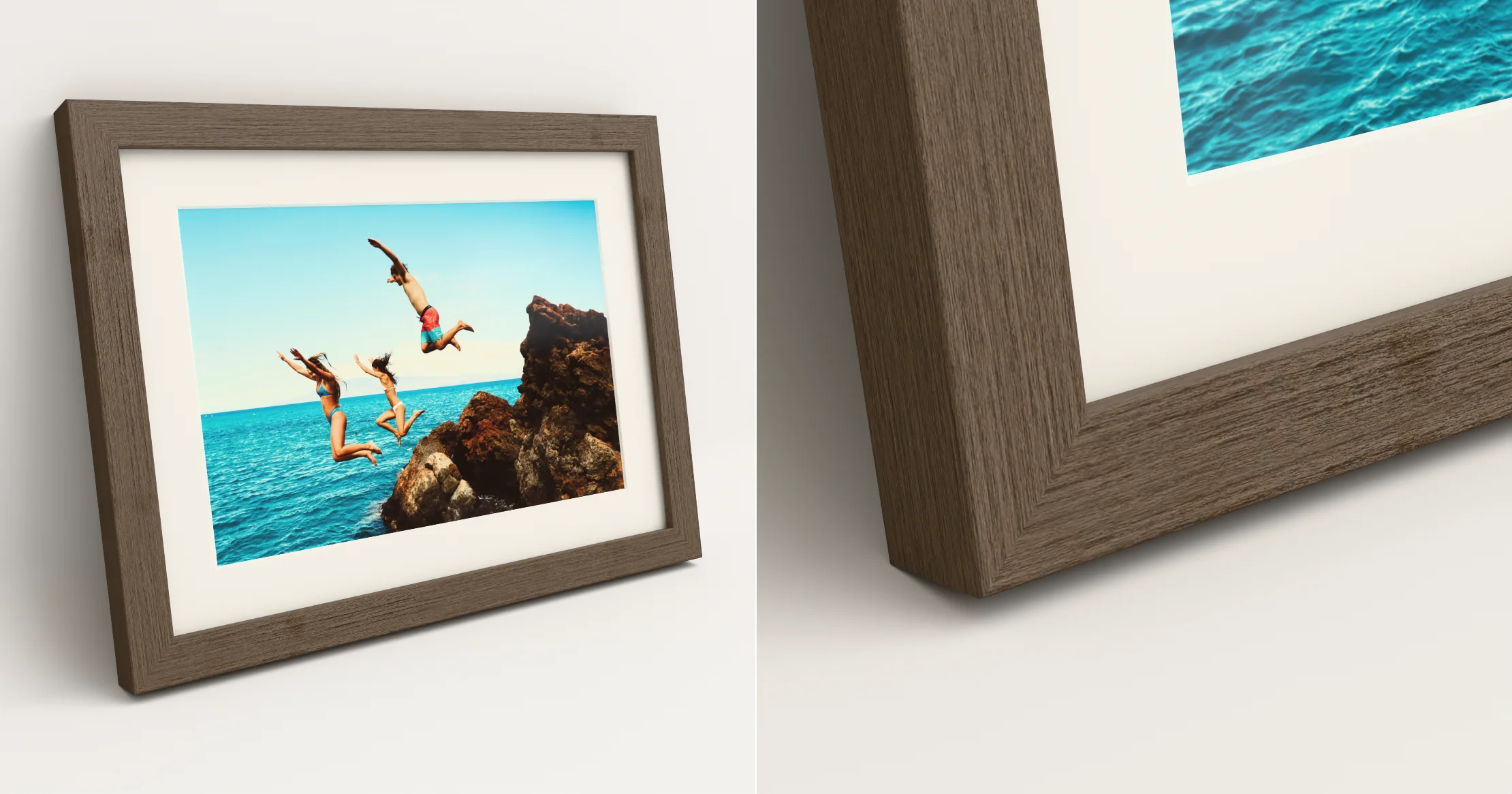 Corner of a framed photo print in a Walnut flair frame, with the white bevel-cut mat around the photo.