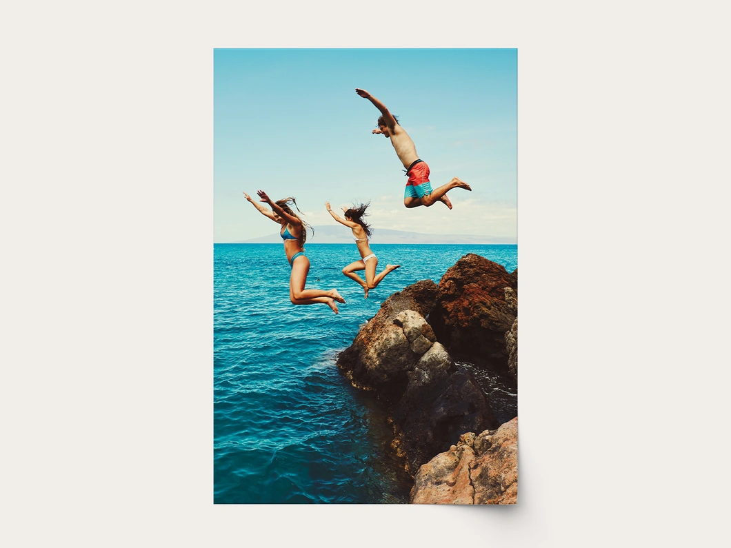 Photo poster of friends jumping into the sea