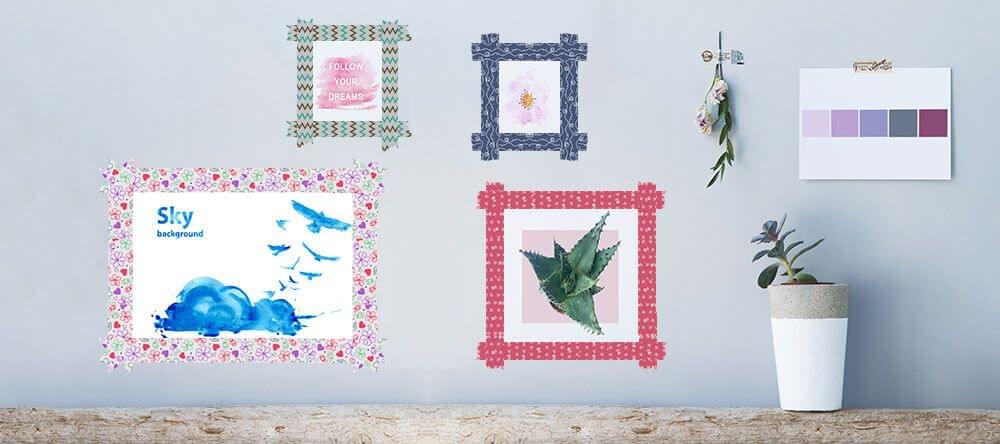 Un cadre un peu différent : des photos collées au mur avec du ruban décoratif.