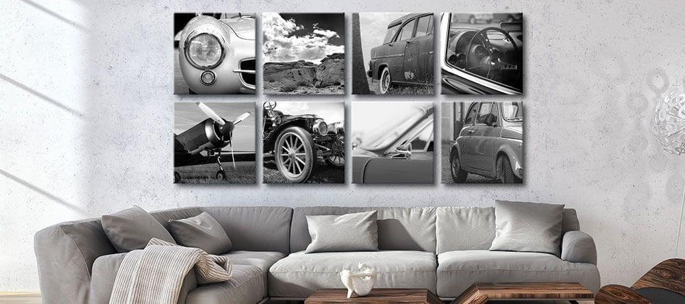 La décoration murale avec un accrochage en quadrillage structure la pièce et donne un super effet