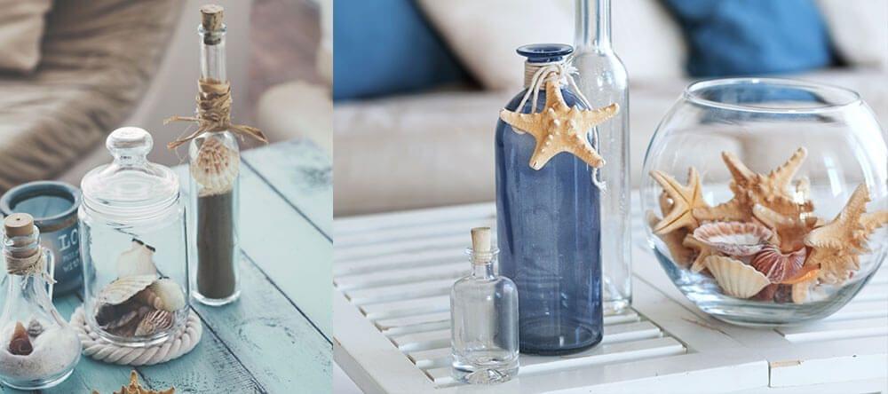 Les petites bouteilles, coupes et coquillages sont bon marché et font un bel effet