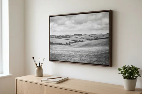 A black and white landscape printed on canvas and hung in a dark floating frame above a sideboard