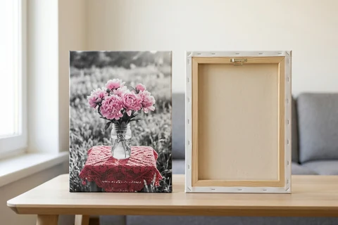 A black and white canvas with one colour kept, seen from the front and the back, showing the print wrapped round its real wood stretcher frame