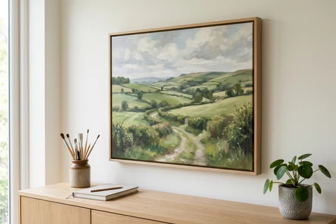 A landscape printed on canvas and hung in a wood floating frame above a sideboard