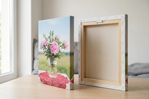 A photo canvas seen from the front and the back, showing the print wrapped round its real wood stretcher frame