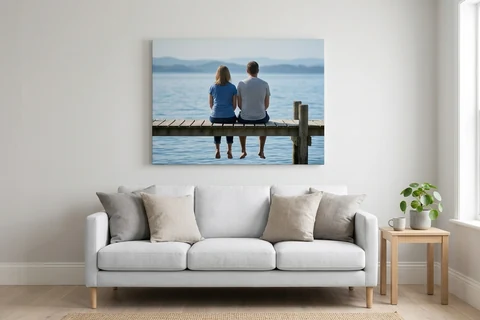 A large photo canvas hung centrally above a sofa