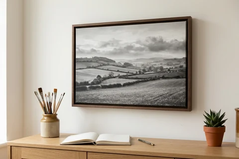 A black and white landscape printed on canvas and hung in a dark floating frame above a sideboard