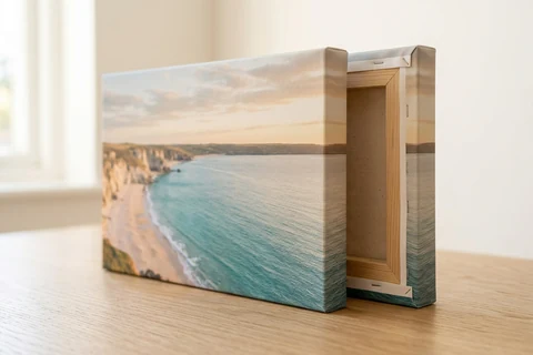 A landscape photo canvas seen from the front and the side, showing the print wrapped round its real wood stretcher frame