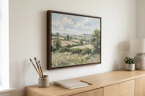 A painted landscape reproduced on canvas and hung in a dark floating frame above a sideboard