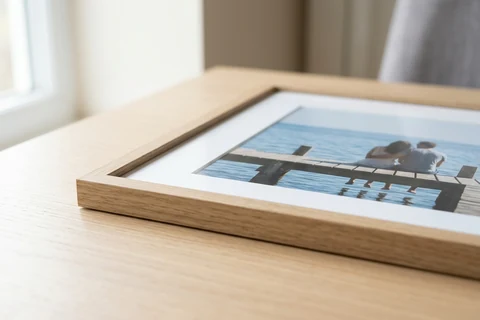 A framed photo print lying flat on a table, showing the oak frame profile, the white bevel-cut mount and the print