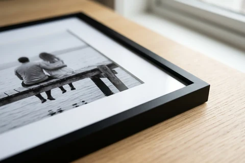 A black framed photo print lying flat on a table, showing the frame profile, the white bevel-cut mount and the black and white print inside it