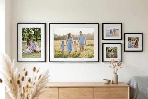 Five black framed photo prints in different sizes hung together as a gallery wall above a sideboard