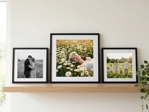 Three black framed photo prints with white mounts, standing in a row on a shelf