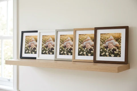 The same photograph framed five times and stood in a row on a shelf, one in each of the five frame finishes