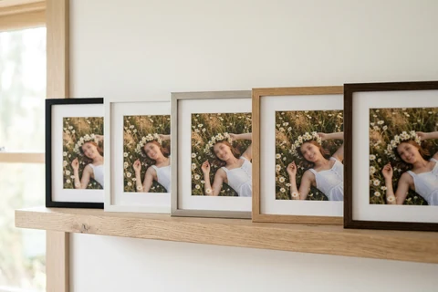 The same photograph framed five times and stood in a row on a shelf, one in each of the five frame finishes