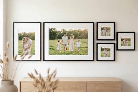 Five framed photo prints in different sizes hung together as a gallery wall above a sideboard