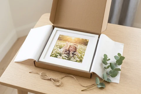 A framed photo print packed in a gift box with tissue paper and twine, ready to give
