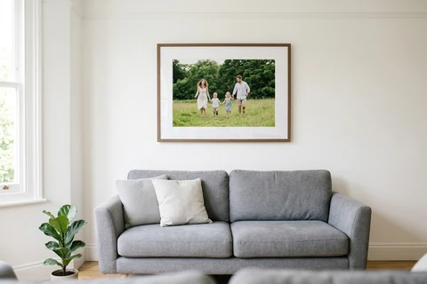A family photograph printed, mounted and framed in a wood-effect frame, hung above a sofa in a living room