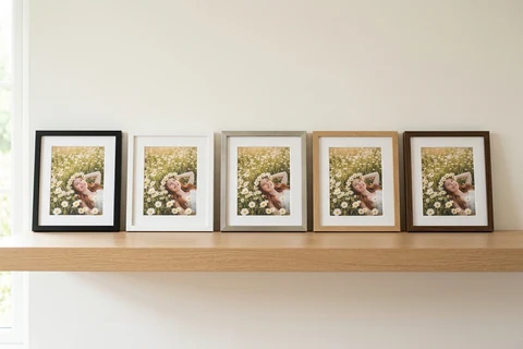 The same photograph framed five times and stood in a row on a shelf, one in each of the five frame finishes