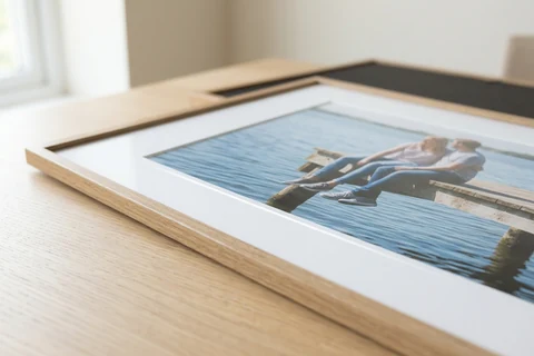 A framed photo print lying flat on a table, showing the frame profile, the white bevel-cut mount and the print inside it