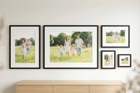 Five framed photo prints in different sizes hung together as a gallery wall above a sideboard