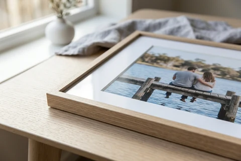 A framed photo print on a table, showing the oak frame profile, the white bevel-cut mount and the print