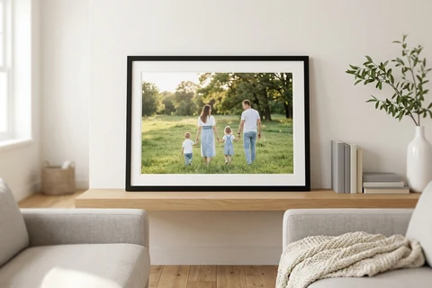 A family photograph in a black frame with a white mount, standing on a floating shelf
