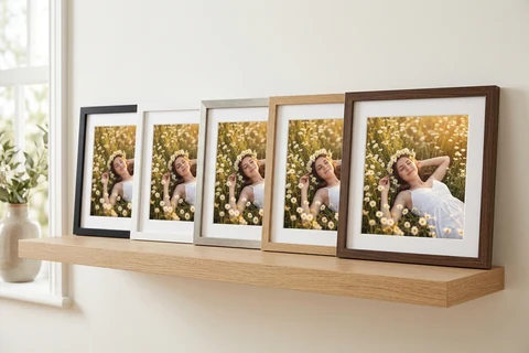 The same photograph framed five times and stood in a row on a shelf, one in each of the five frame finishes