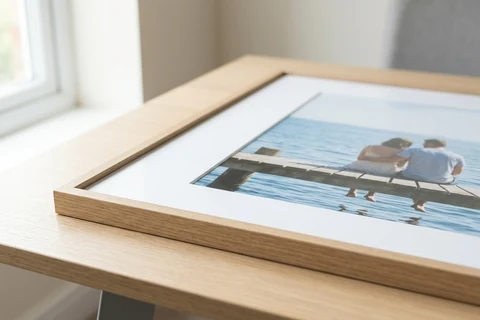 A framed photo print lying flat on a table, showing the oak frame profile, the white bevel-cut mount and the print inside it