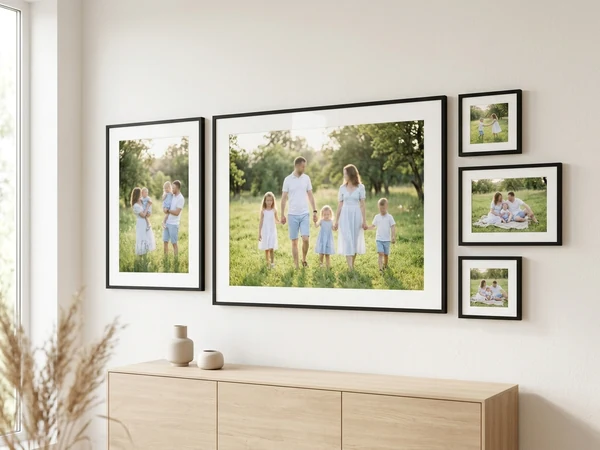 Five framed photo prints in different sizes hung together as a gallery wall above a sideboard