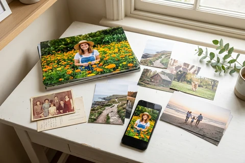 Old family prints, a photo book, a phone showing a picture and a fan of freshly printed photos on a table