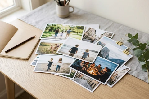 Photo prints spread across a desk beside an open notebook and a pen, after ordering online