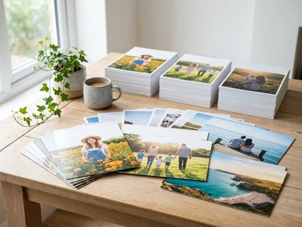 Several large stacks of photo prints on a table beside a fan of loose prints, showing what a bulk order of A4-size photos looks like