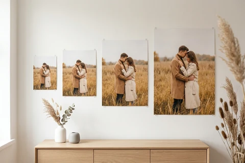 Four photo posters of the same picture in rising sizes, hung together on a wall to compare the formats