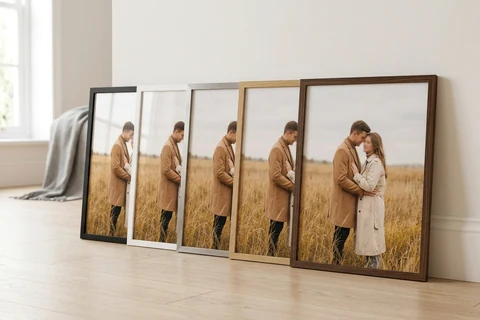 The same photo poster framed five times and stood in a row, one in each of the frame colours