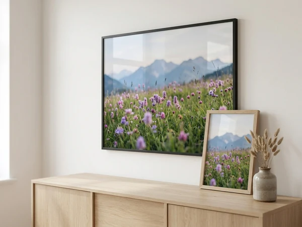 A photo poster in a black frame hung above a sideboard, with a smaller framed poster standing beside it