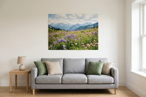 A large landscape photo poster hung centrally above a three-seater sofa