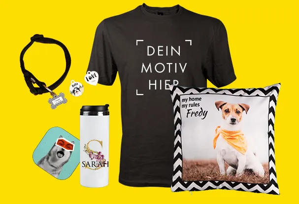 Kreative Fotogeschenke im Überblick: Ein Kuschelkissen mit süßem Hundefoto, ein T-Shirt mit witzigem Spruch, ein personalisierter Thermobecher und ein Untersetzer.
