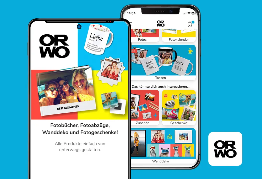 Zwei Smartphone Bildschirme: Die Startseite der ORWO Foto App zeigt eine übersichtliche Navigation, während der zweite Bildschirm die Auswahl der Fotoprodukte präsentiert.