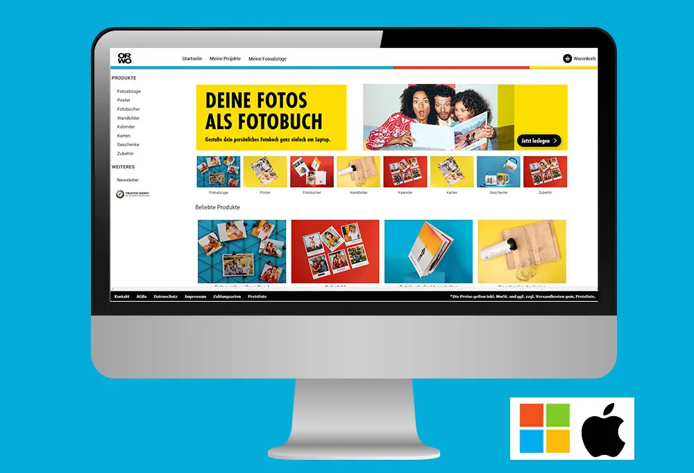 Ein Desktop zeigt die geöffnete ORWO Foto-Designer Software. Die übersichtliche Startseite ermöglicht den direkten Zugang zu verschiedenen Produktgruppen.