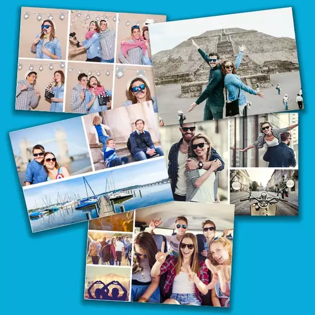 Fünf verschiedene Postkarten-Designs aus der App sind nebeneinander angeordnet. Jedes Design zeigt ein einzigartiges Motiv, das über die App einfach Postkarte online verschicken kann.