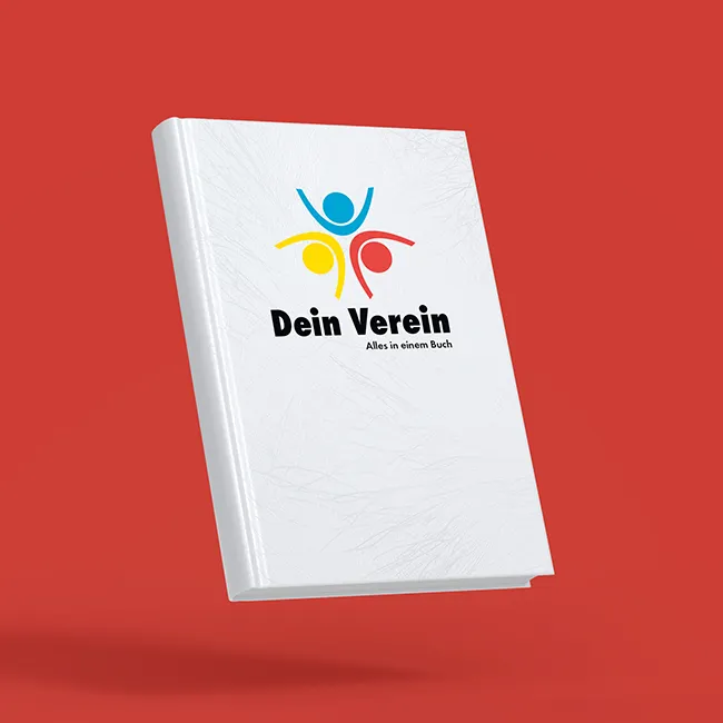 Weißes, geschlossenes Vereins-Jahrbuch mit Schrift „Dein Verein – Alles in einem Buch“, roter Hintergrund.