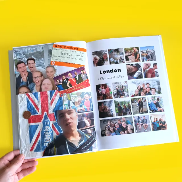London-Reise im personalisierten Gruppenreise-Fotobuch mit Tickets, Collagen und Erinnerungen.