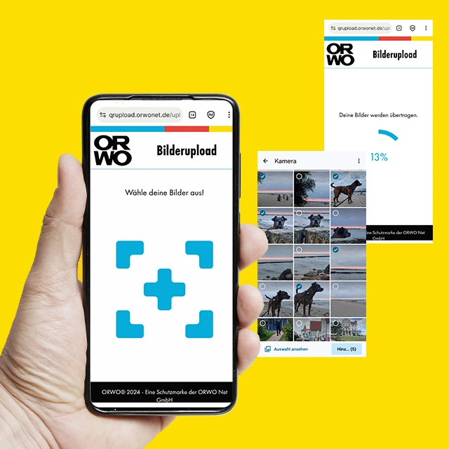 Smartphone mit ORWO Bilderupload-Seite zum Auswählen und Hochladen von Fotos für die Fotobuch-Software.
