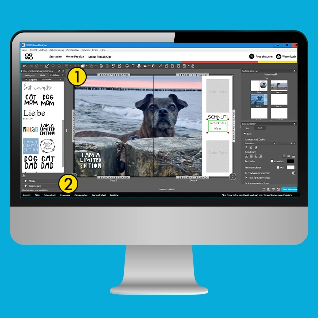 ORWO Fotobuch-Software mit Layoutansicht, Bildbearbeitung und Auswahl von Cliparts und Designelementen.