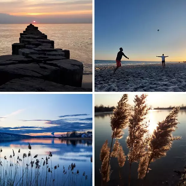 Vier Fotos am Wasser zeigen Landschaften mit und ohne Menschen.