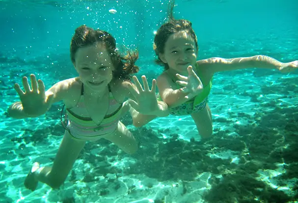 Smartphone in wasserdichter Hülle für Unterwasserfotos.